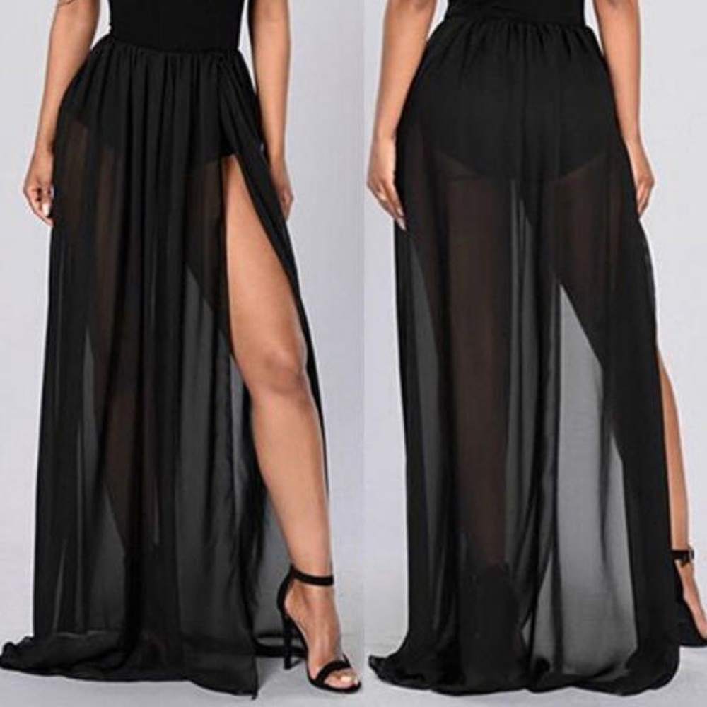 Black Mesh Skirt with Thigh Slit